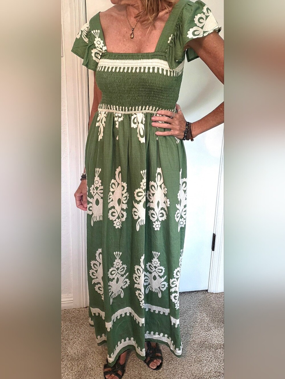SHEIN Green & White Smocked Floral Maxi Dress Boho Trim Size M (US 6)